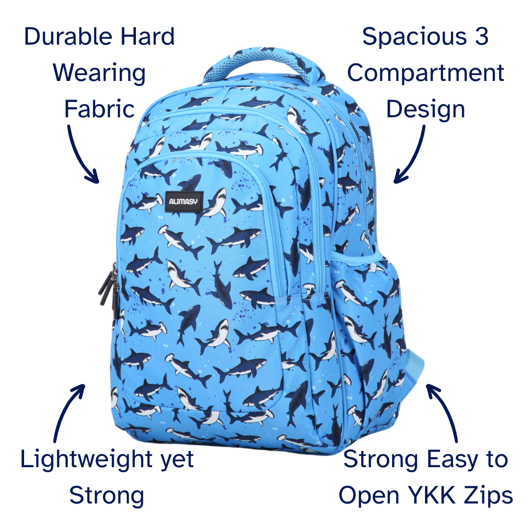 Blue backpack with shark pattern and features listed on a white background