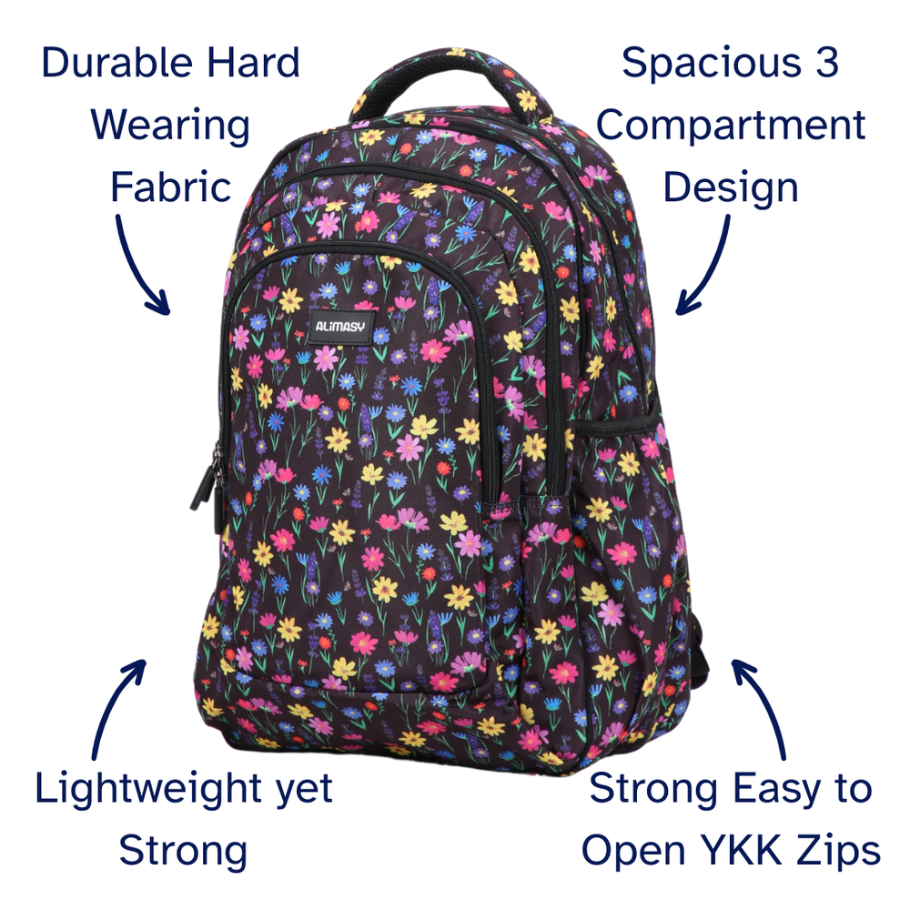 Floral-patterned backpack with text highlighting features on a white background