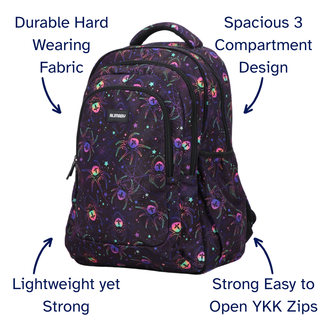 Front view of Spiders Large School Backpack. Durable kids backpack with spacious compartments