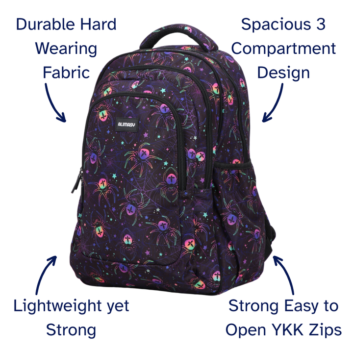 Front view of Spiders Large School Backpack. Durable kids backpack with spacious compartments