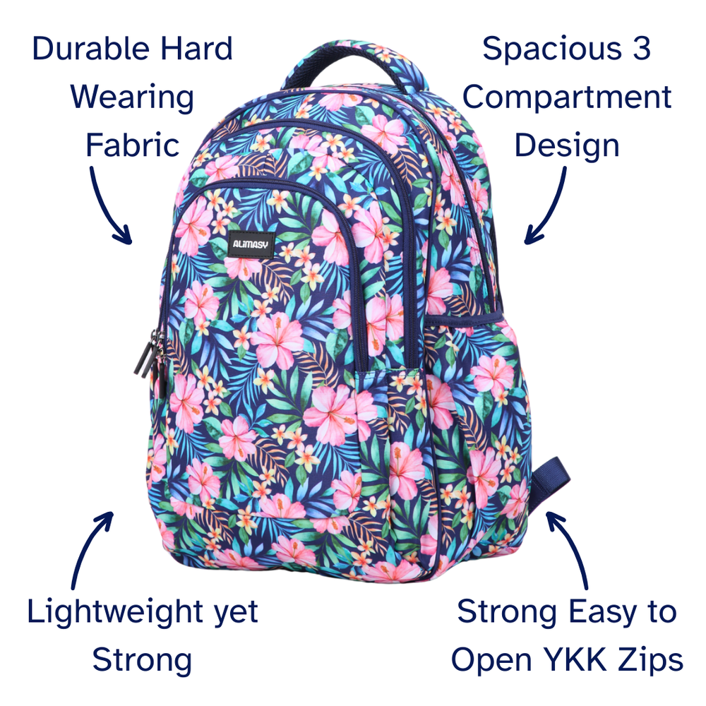 Floral patterned backpack with features highlighted on a white background
