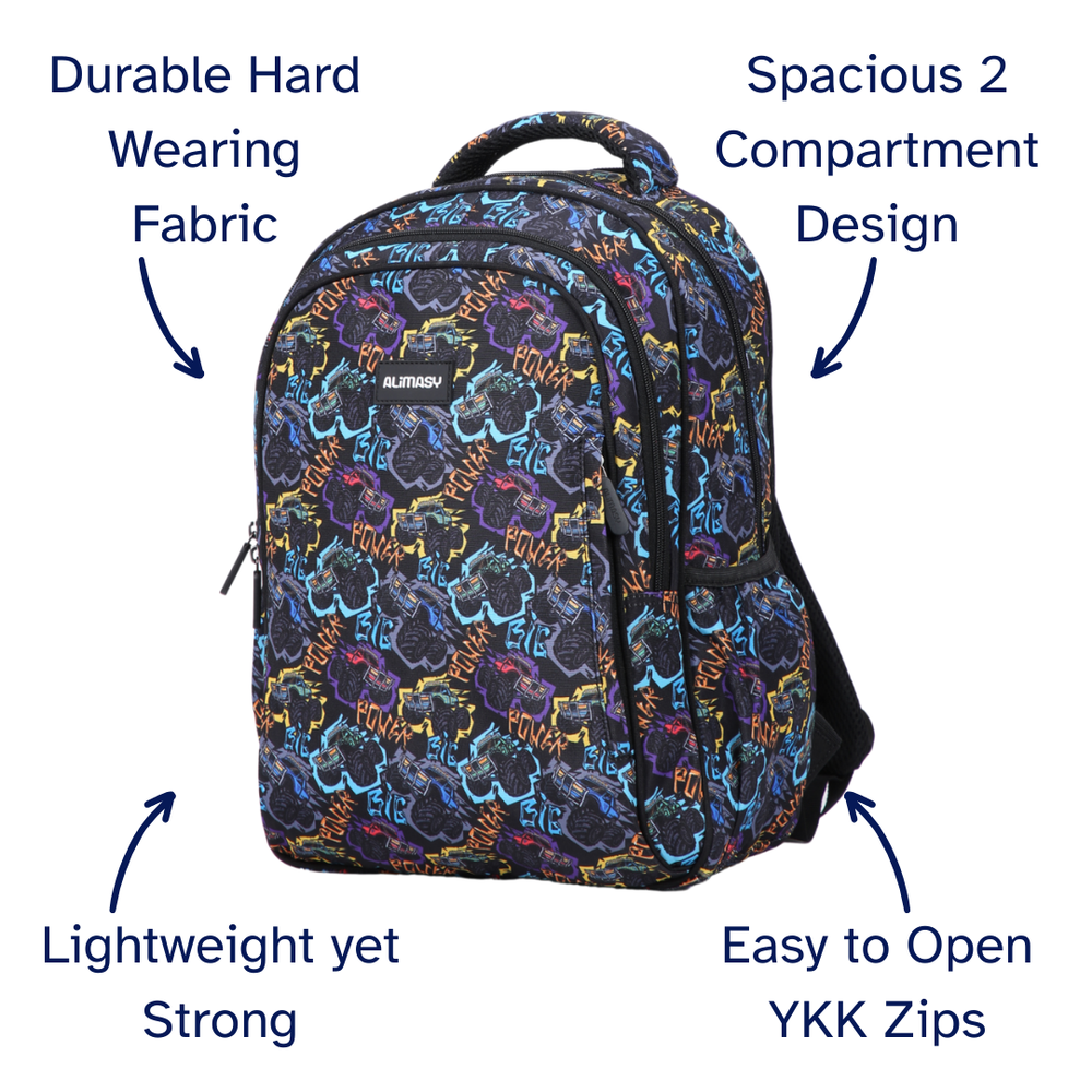 Multicolored kids monster truck vehicle backpack with text highlighting features on a white background