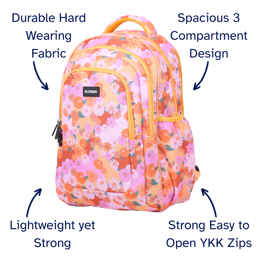 Floral backpack with features highlighted on a white background