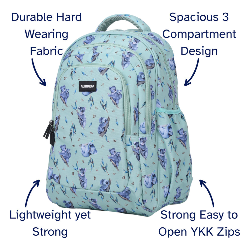 Light green backpack with bear pattern and feature text on a white background
