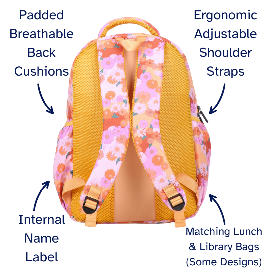 Floral backpack with labeled features on a white background