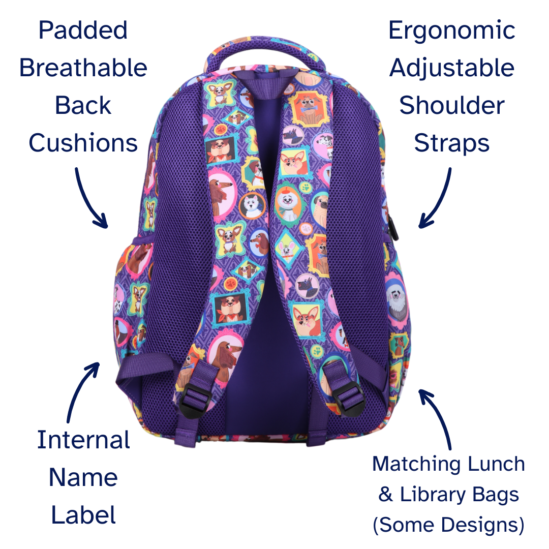 Colorful backpack with features labeled on a white background