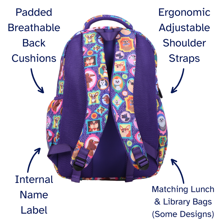 Colorful backpack with features labeled on a white background