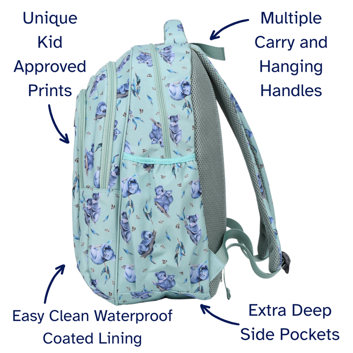 Close-up of Koala Large School Backpack Easy clean waterproof lining and durable fabric