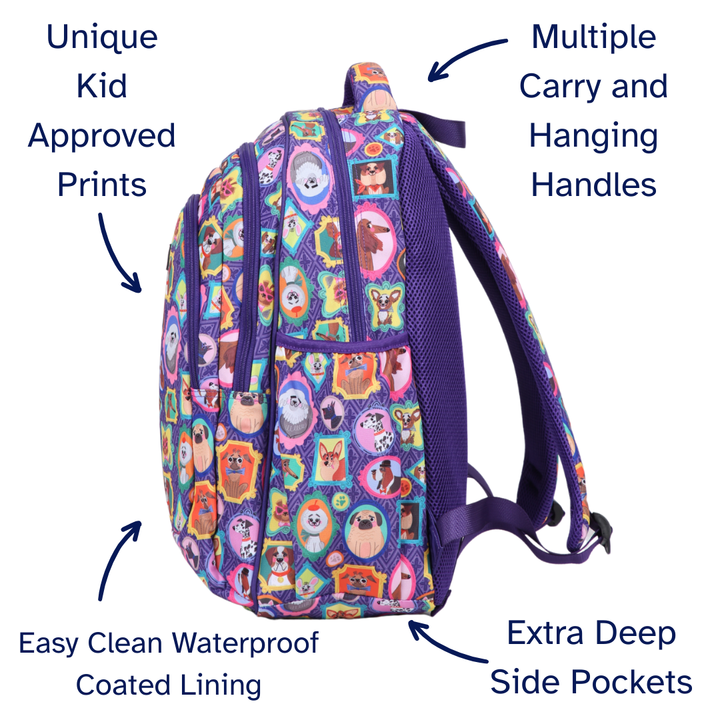 Colorful backpack with animal pattern, multiple carry handles, waterproof lining, and side pockets on a white background.