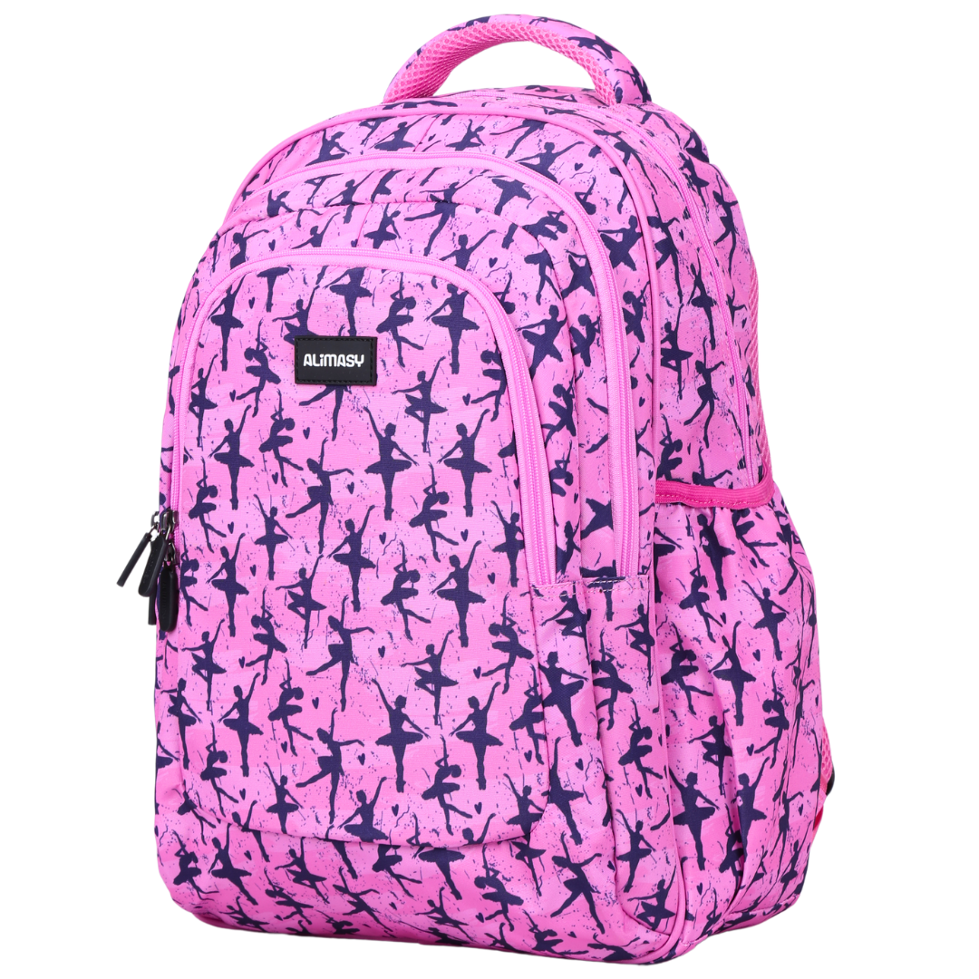A large pink backpack with navy ballet dancer silhouettes pattern, featuring multiple compartments, side pockets, and an ergonomic design with padded straps and back.