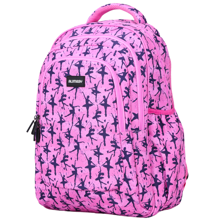 A large pink backpack with navy ballet dancer silhouettes pattern, featuring multiple compartments, side pockets, and an ergonomic design with padded straps and back.