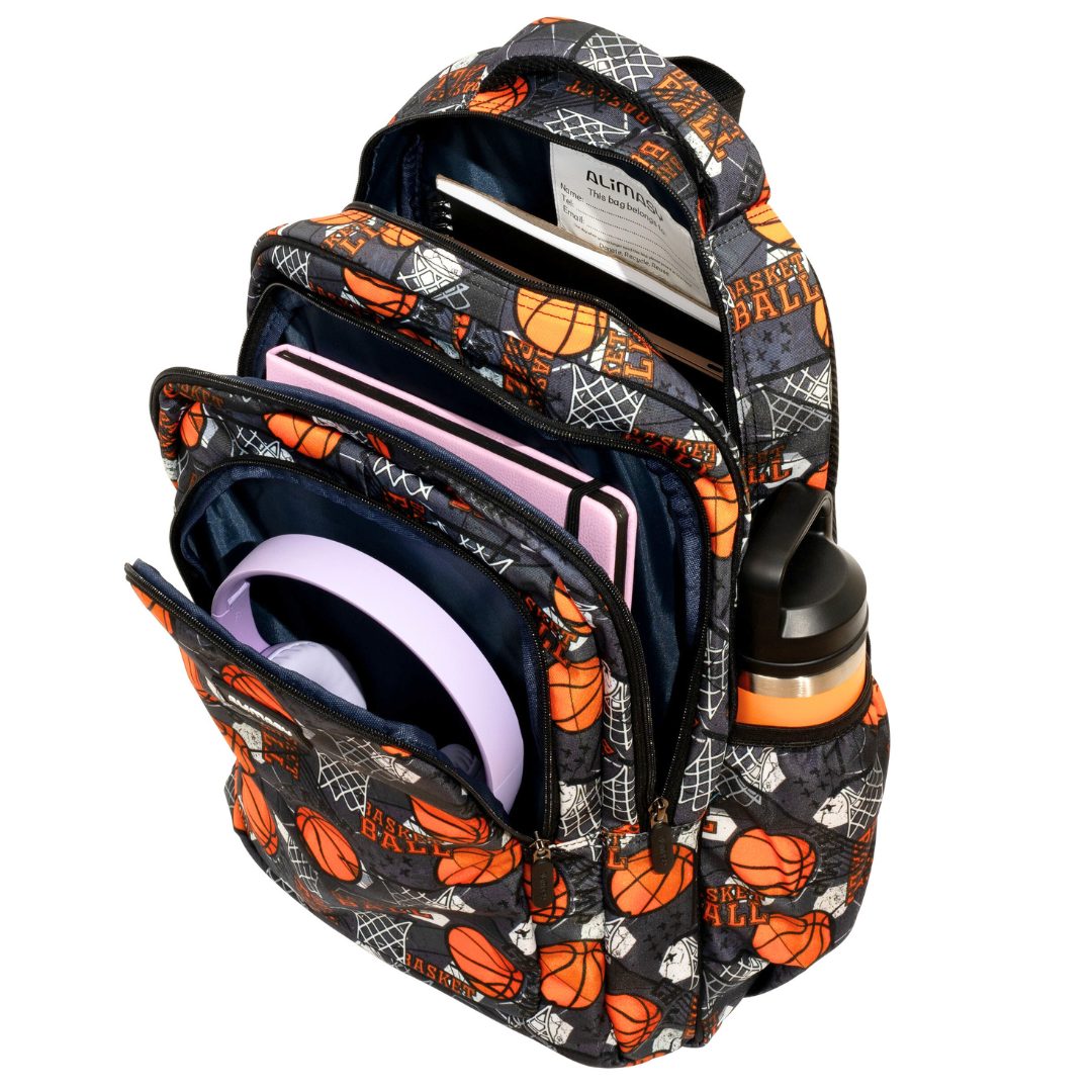 Close-up of Basketball Large School Backpack Easy clean waterproof lining and durable fabric
