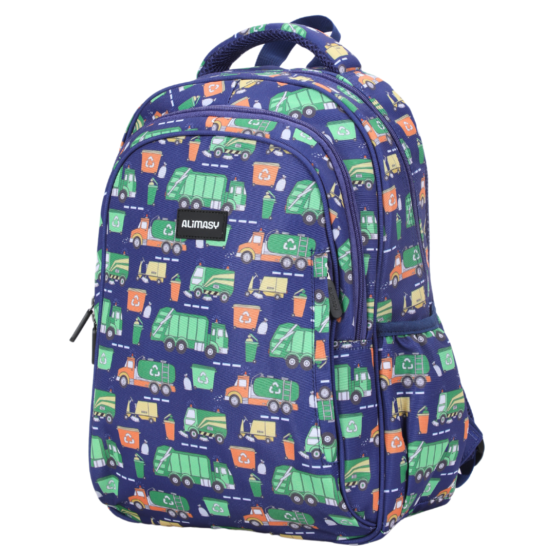 Bin Trucks Midsize Kids Backpack front view lightweight waterproof preschool and primary school bag Australia NZ