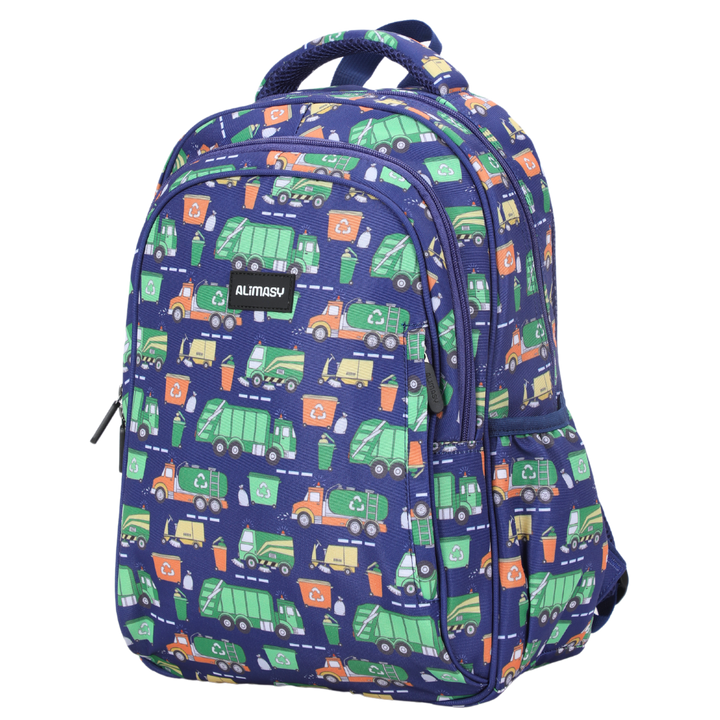 Bin Trucks Midsize Kids Backpack front view lightweight waterproof preschool and primary school bag Australia NZ