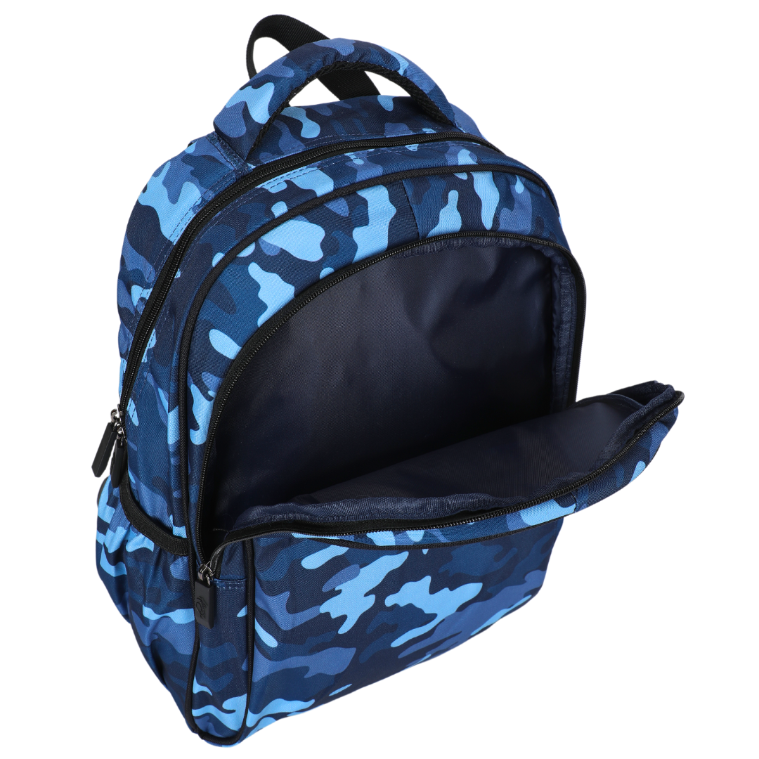 Blue Camouflage Midsize Kids Backpack inside view easy-clean waterproof interior lining, durable kids school bag