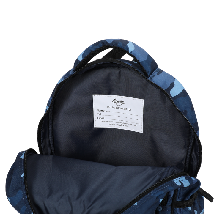 Blue Camouflage Midsize Kids Backpack close-up print with inner name label high-quality fabric waterproof midsize kids backpack