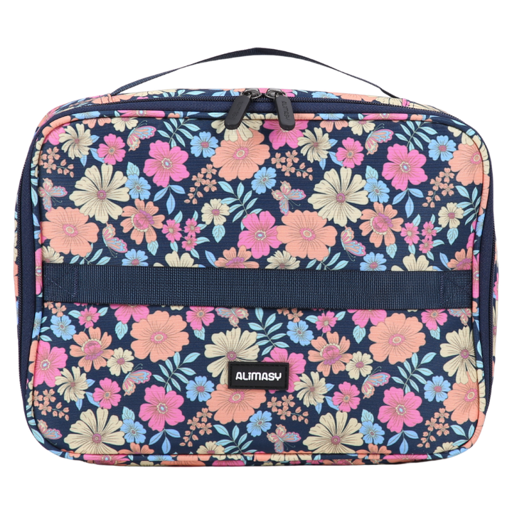 Navy blue floral insulated lunch bag with navy blue handles