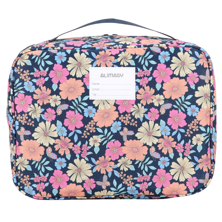 floral patterned navy blue alimasy insulated lunch bag with name label and navy blue carry handle