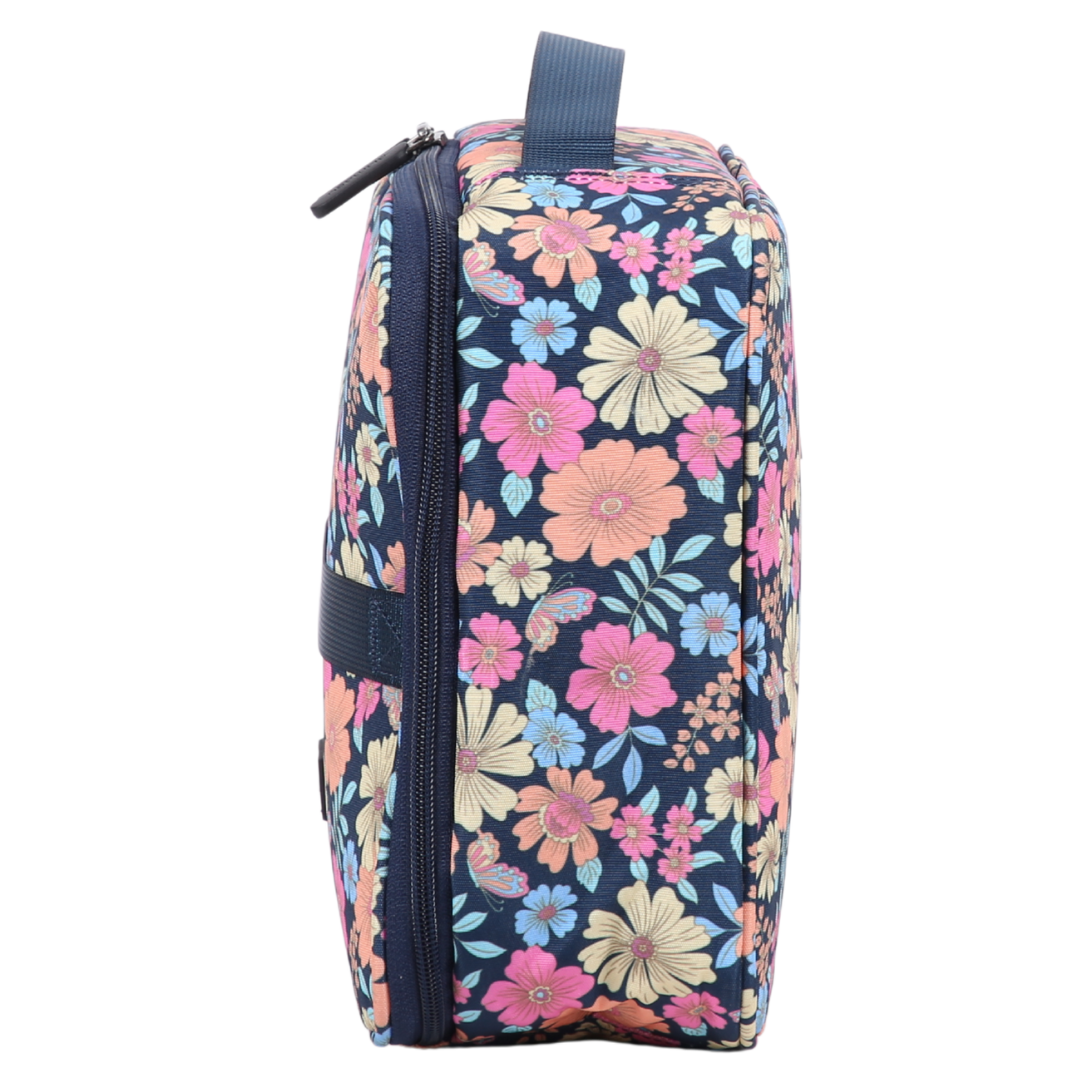 side view of alimasy navy blue floral and butterfly insulated lunch bag with navy blue carry handle