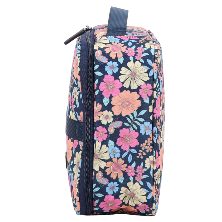 side view of alimasy navy blue floral and butterfly insulated lunch bag with navy blue carry handle