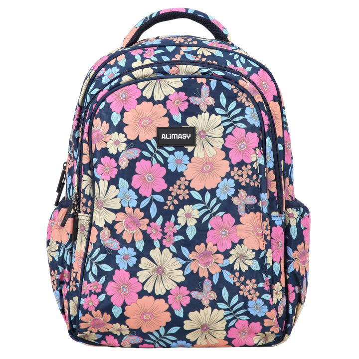 Floral-patterned navy kids backpack with colorful flowers on a navy background, featuring the brand 'ALIMASy'.