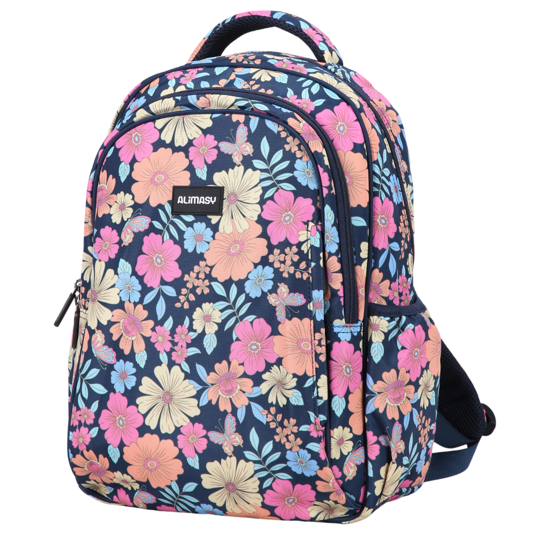Floral patterned navy blue kids school bag with side elasticated pocket backpack with a visible alimasy brand logo on a white background