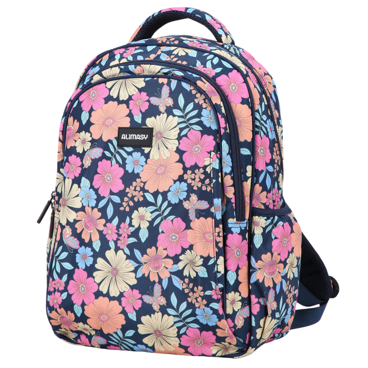 Floral patterned navy blue kids school bag with side elasticated pocket backpack with a visible alimasy brand logo on a white background