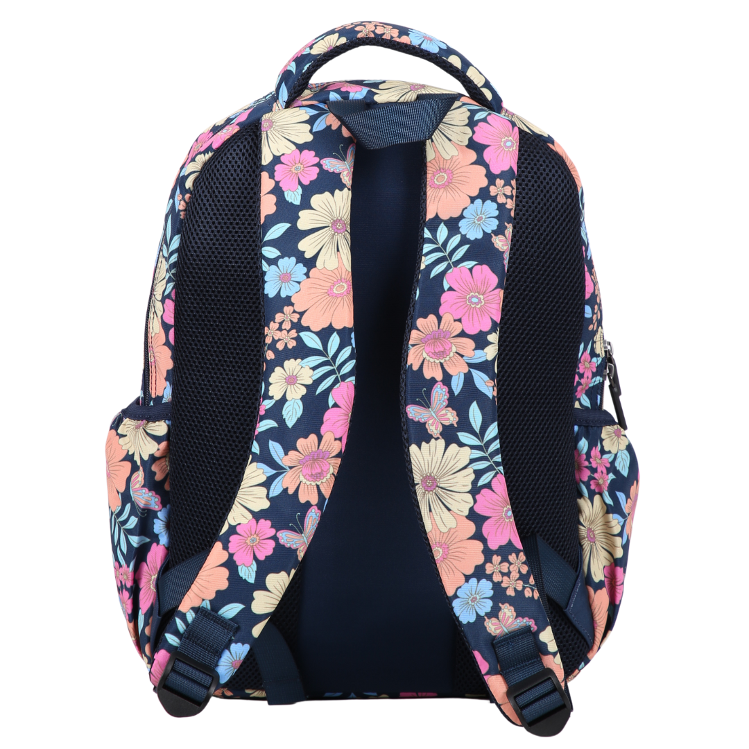 Floral-patterned backpack back view with padded adjustable shoulder straps and multiple carry handles on a white background