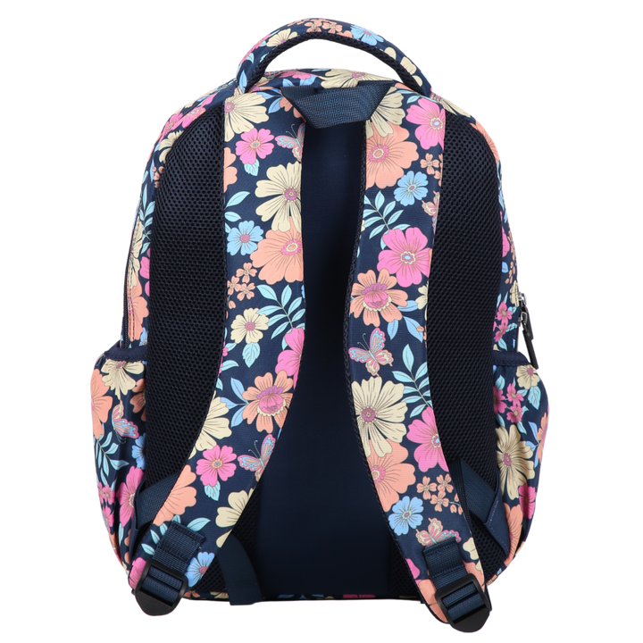 Floral-patterned backpack back view with padded adjustable shoulder straps and multiple carry handles on a white background