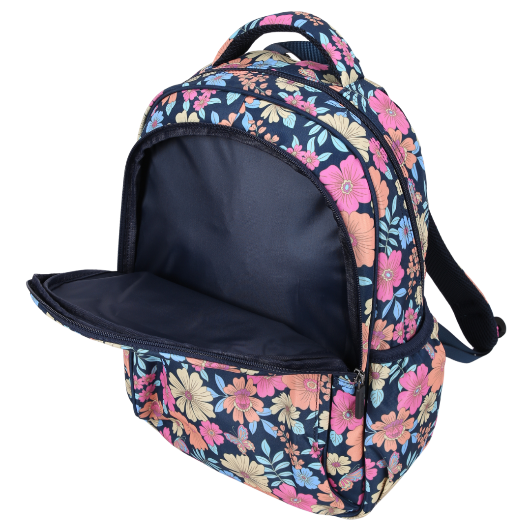 Floral-patterned backpack inside view of waterproof coated lining on a white background