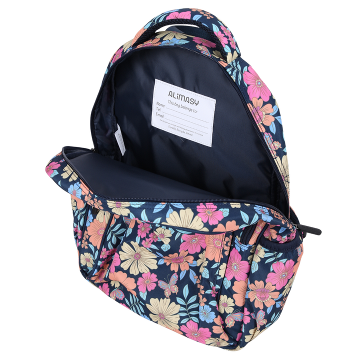 Floral-patterned navy kids school backpack with a visible brand name label on a white background