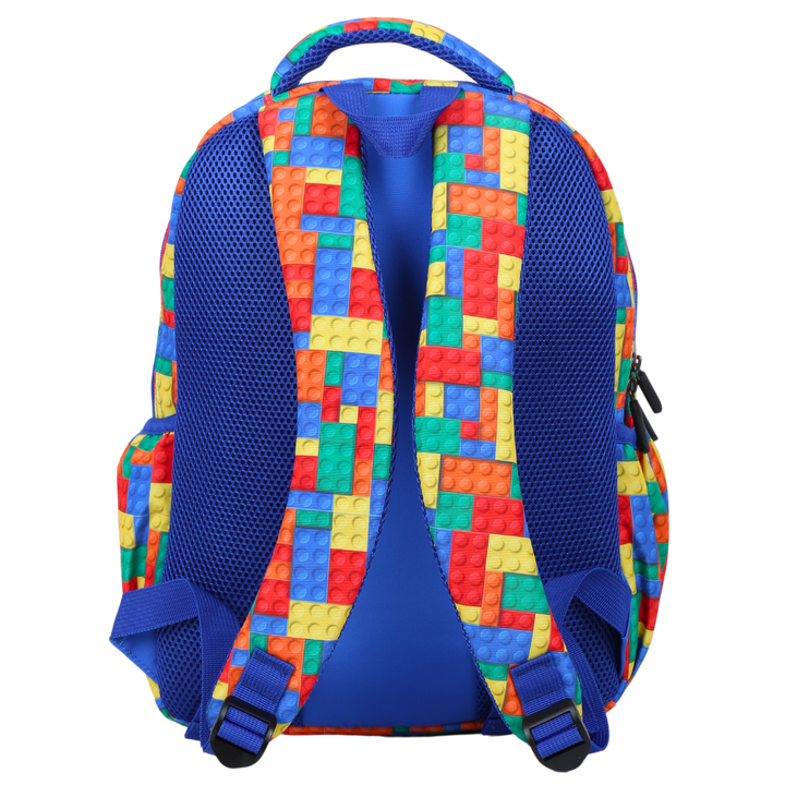 Bricks Midsize Kids Backpack back view ergonomic padded straps and back, comfortable waterproof kids school bag