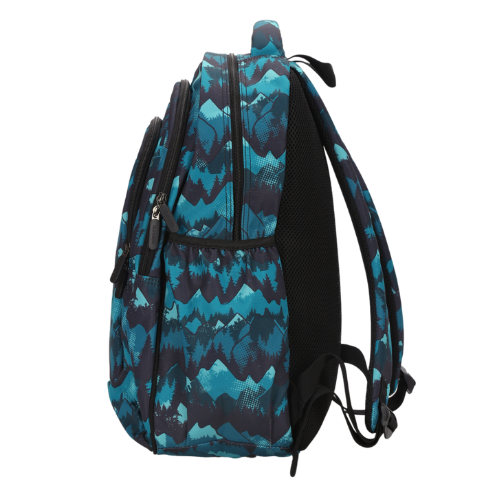 Side view of Camo Mountain Large School Backpack Deep side pockets and multiple carry handles