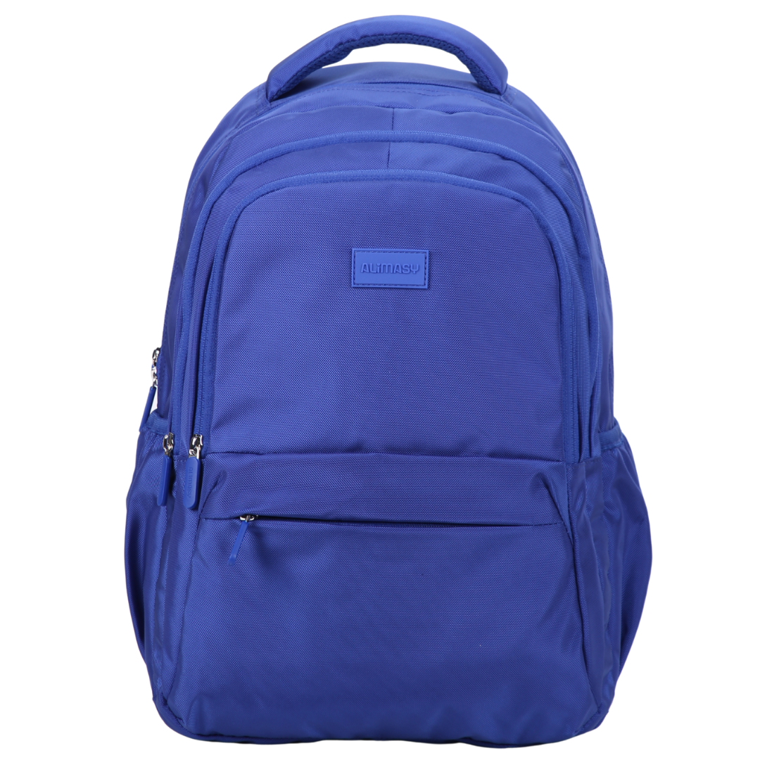 Blue backpack with 3 compartments and front zipped pocket