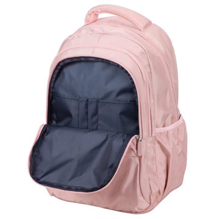 Pink backpack with open front compartment to hold small items and pens.