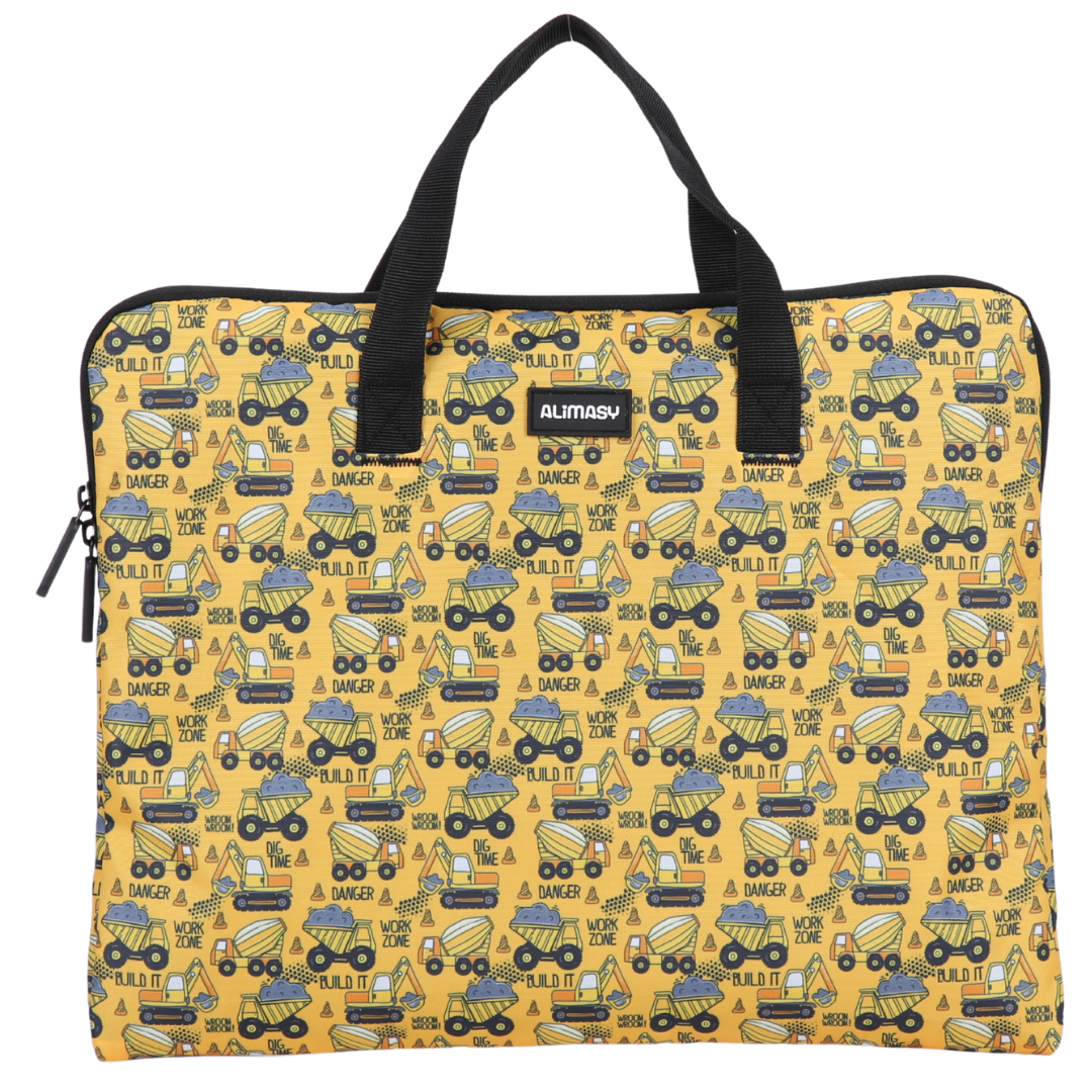 Yellow library book bag with construction vehicle pattern and black handle on a white background