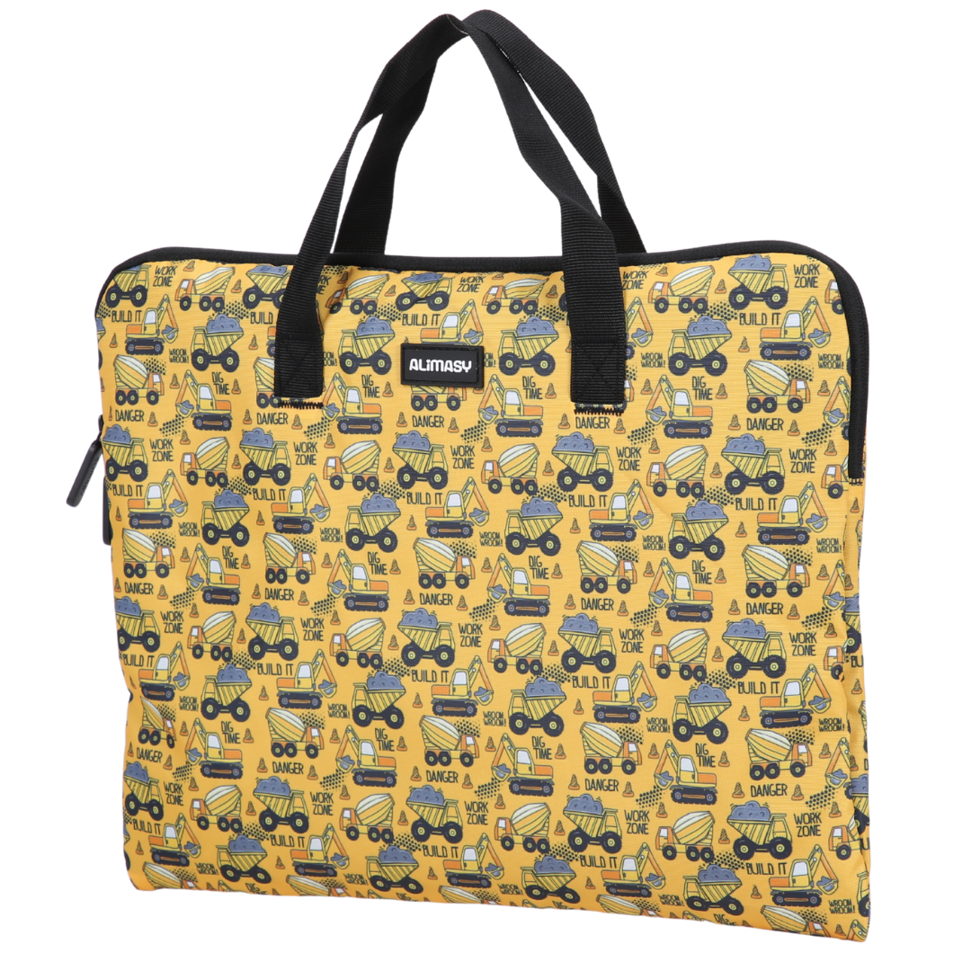 Yellow library book bag with construction vehicle pattern and Alimasy branding on a white background