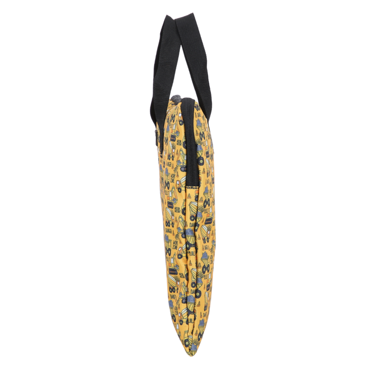 Yellow patterned bag with black strap on a white background