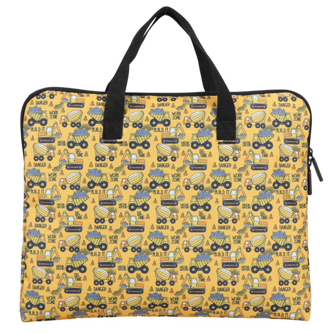 Yellow library book bag with construction vehicle pattern on a white background
