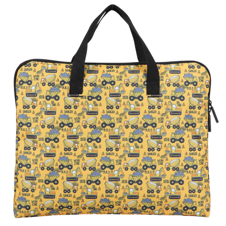 Yellow library book bag with construction vehicle pattern on a white background