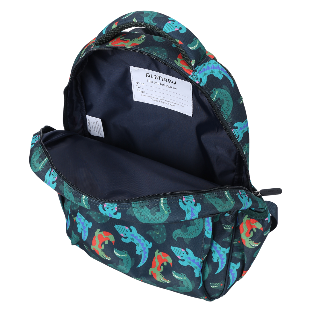 Crocodile Vibe Midsize Kids Backpack inside view easy-clean waterproof interior lining, durable kids school bag