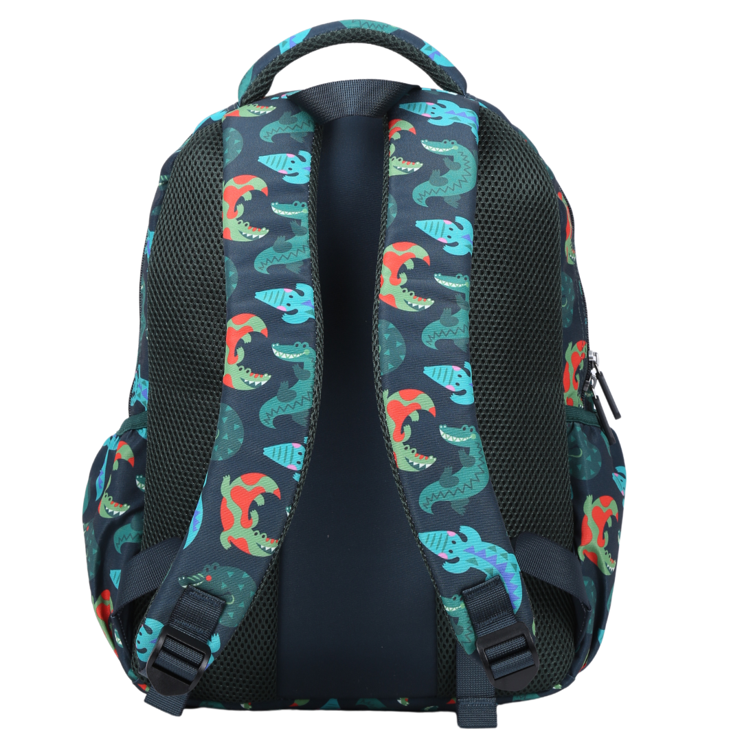 Crocodile Vibe Midsize Kids Backpack back view ergonomic padded straps and back, comfortable waterproof kids school bag