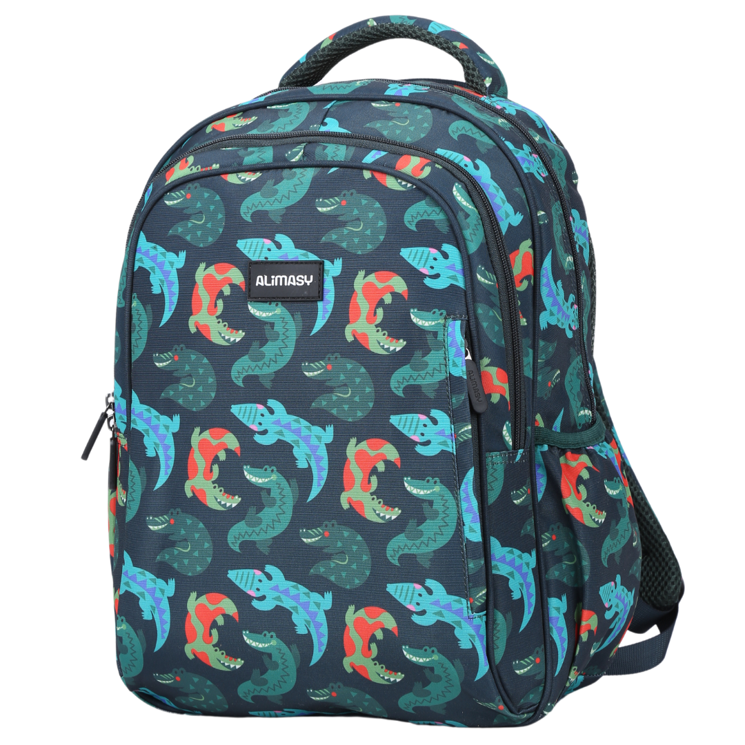 A midsize children's backpack with a crocodile theme print, featuring multiple compartments and adjustable straps.