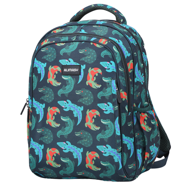 A midsize children's backpack with a crocodile theme print, featuring multiple compartments and adjustable straps.