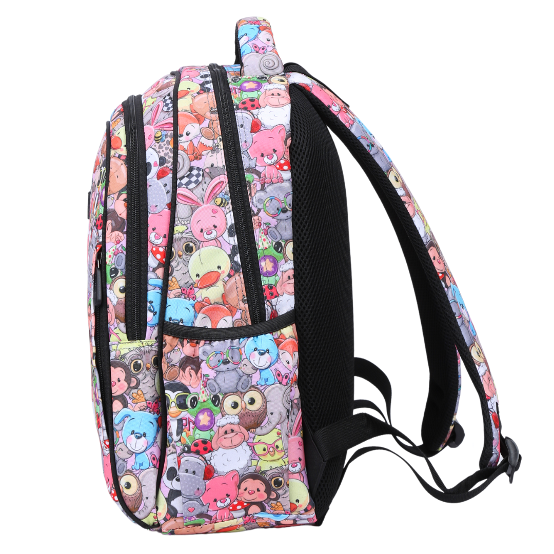 Cute Animals Midsize Kids Backpack side pocket elasticated for secure water bottle storage