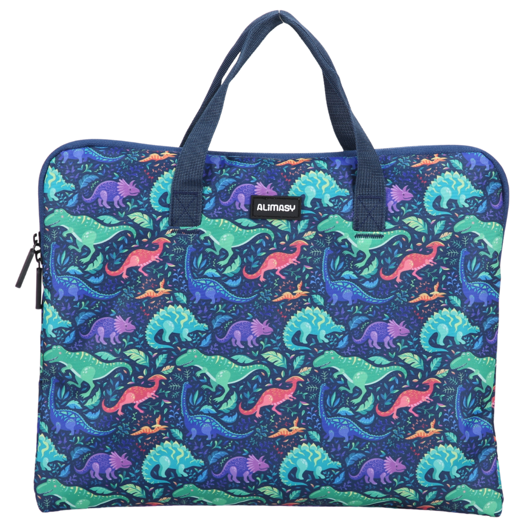 Library book bag with dinosaur pattern on a white background