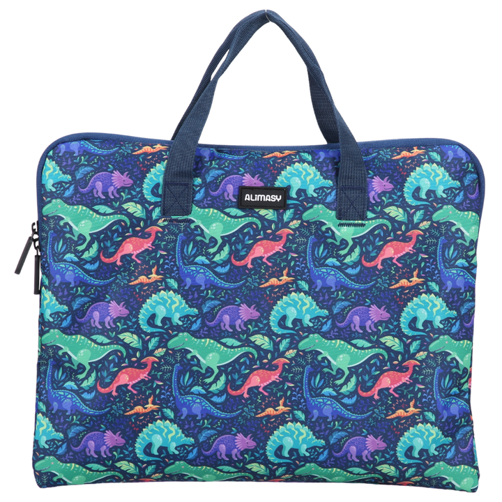 Library book bag with dinosaur pattern on a white background