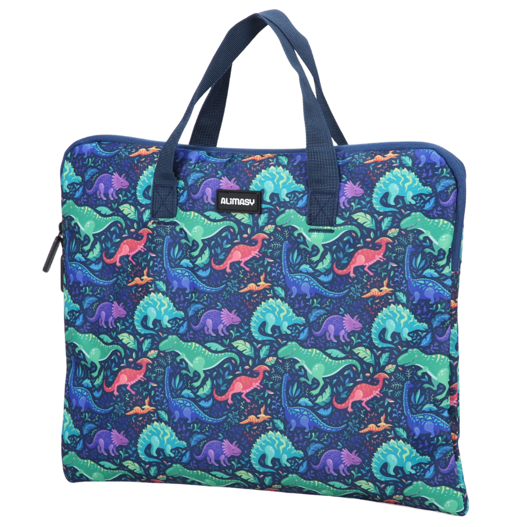Colorful dinosaur-patterned library book bag with a visible alimasy brand label on a white background