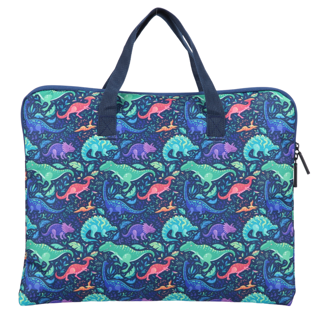 Colorful dinosaur-patterned library book bag with blue handles on a white background