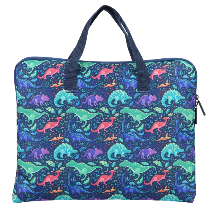 Colorful dinosaur-patterned library book bag with blue handles on a white background